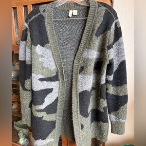 Anthropologie MOTH brand, camo print cardigan, size small but oversized
